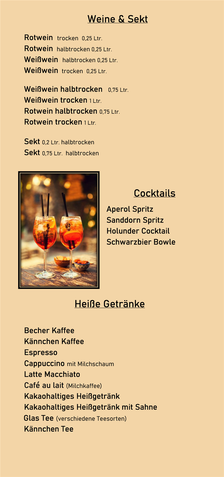 Menükarte mit Auflistung verschiedener Wein-, Cocktail- und Kaffeegetränke.