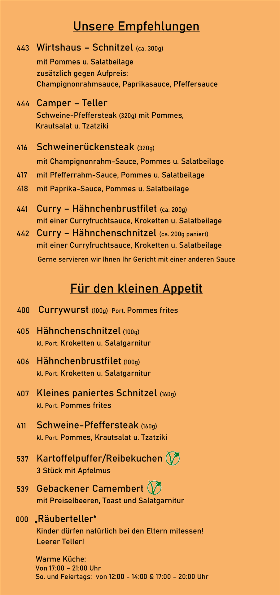 Die Seite zeigt ein Restaurantmenü mit verschiedenen Gerichten wie Schnitzel, Currywurst und weiteren Speisen.
