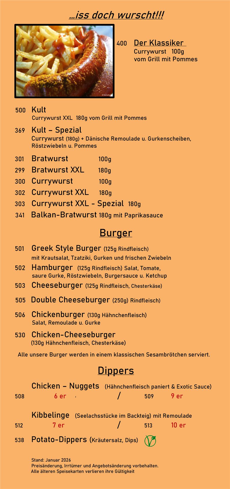 Menüseite mit verschiedenen Würstchen, Burgern und Beilagen.