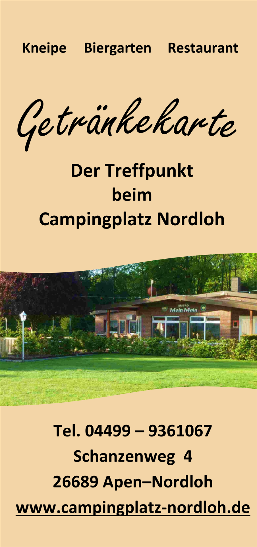 Flyer für die Getränkekarte des Restaurants am Campingplatz Nordloh mit Kontaktdaten und Adresse