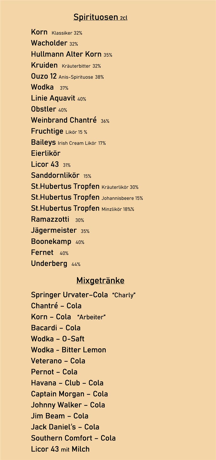 Ein Katalog von verschiedenen Spirituosen und Mixgetränken, der Marken wie KORN und Baileys auflistet.