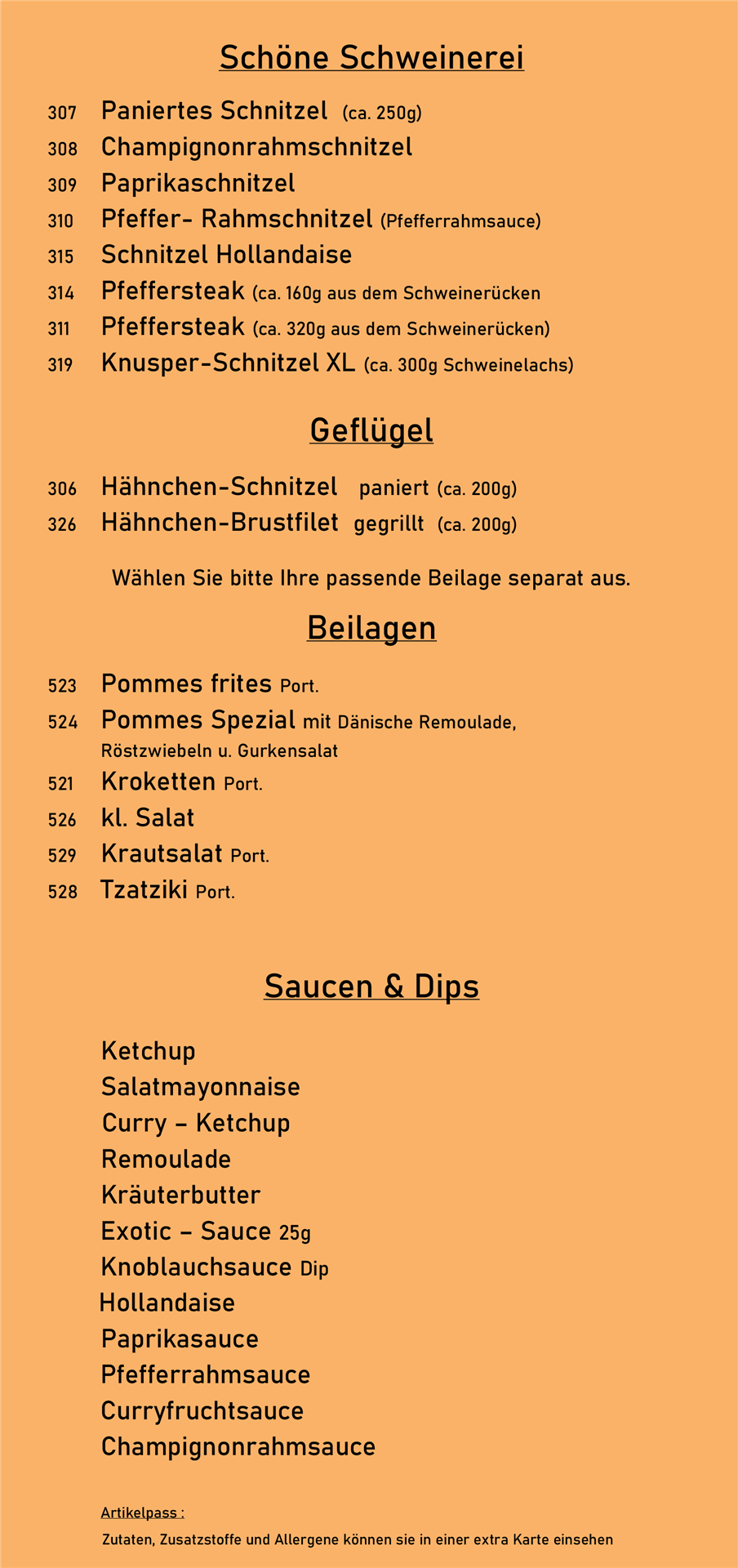 Eine detaillierte Speisekarte mit verschiedenen Fleischgerichten, Beilagen und Dips.
